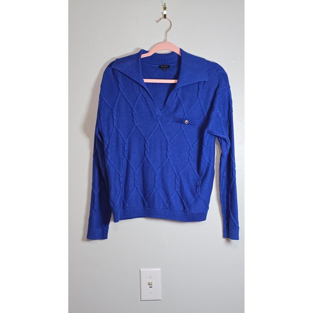 Talbots Royal Blue Cable Knit Polo Sweater Gold Button V-Neck Medium Preppy